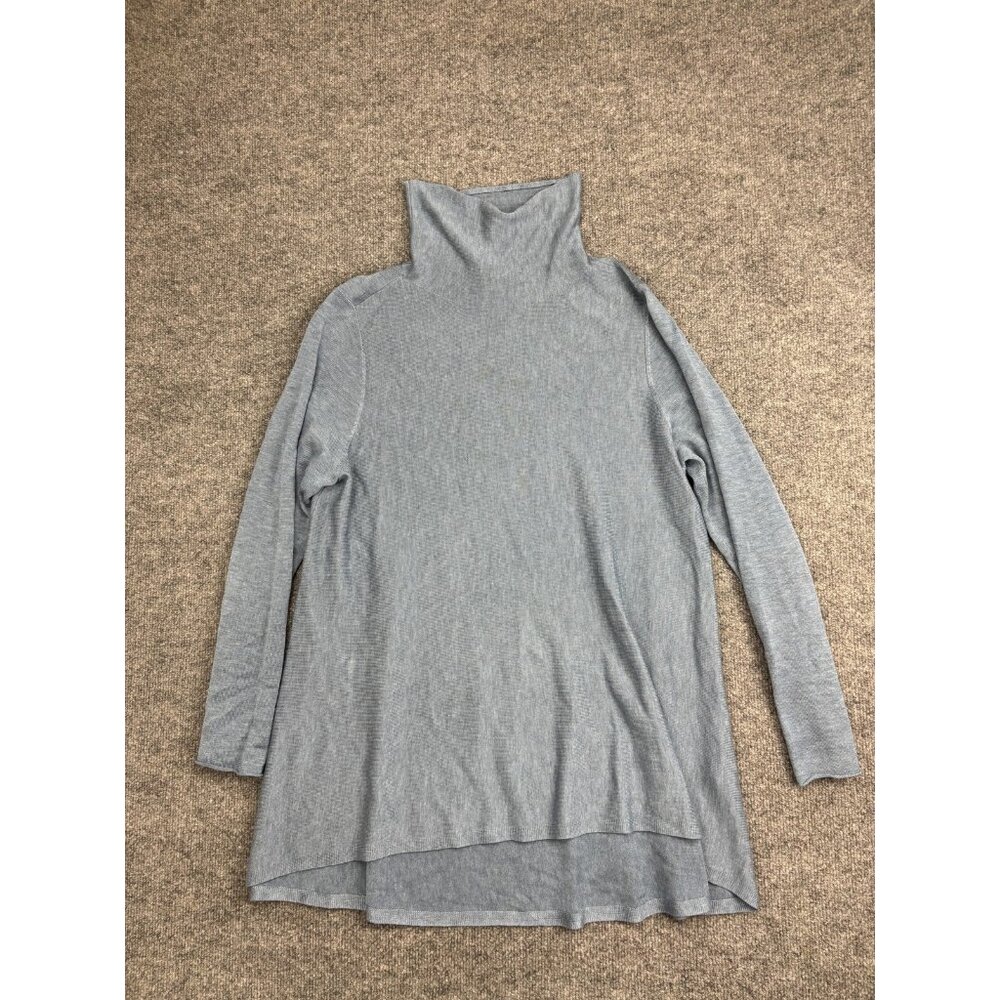 Eileen Fisher Sweater Tunic Womens Large Blue Turtleneck Lyocell Wool Knit‎